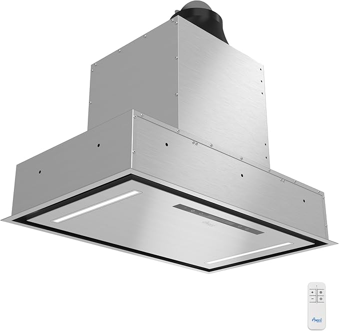 Awoco 30”W Flush Ceiling Mount Insert Island Range Hood, Stainless Steel 4 Speeds 700 CFM, 6” Round Vent LED Lights Remote Control (30"W)