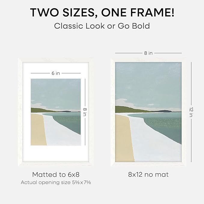 Homeforia 8x12 Picture Frame White, High End Oak 8 x 12 Wood Frames with Mat 6 by 8 Print, 8by12 Wooden Frame Matted to 6x8 inch Photo, 12x8 Wall or Tabletop Frames, Tempered Glass, Wall Kit, Set of 2