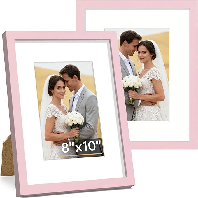 Vittanly 8x10 Picture Frame Set of 2, Solid Wood Frame for Wall or Tabletop, Display Photo 5x7 with Mat or 8x10 without Mat, Pale Pink