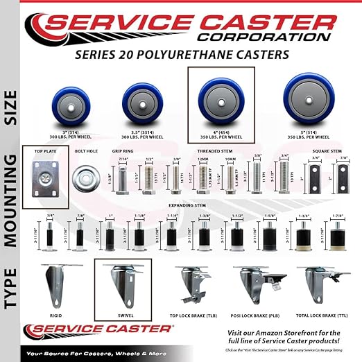 Service Caster Brand Replacement Caster for Uline Caster H-7448S - Stainless Steel Swivel Top Plate Caster with 4 Inch Blue Polyurethane Wheel - Fits Carts and Platform Trucks H-3352
