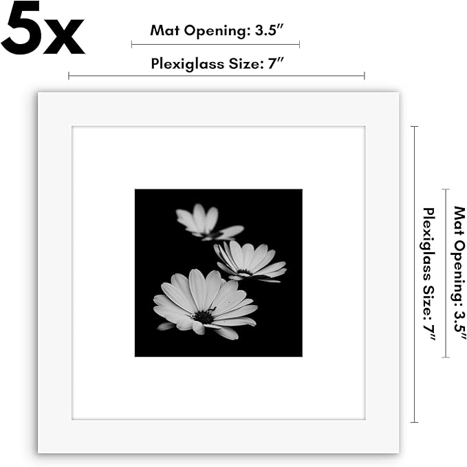 Americanflat 7x7 Picture Frame with Polished Plexiglass - Set of 5 - Use as 4x4 Frame with Mat or Display 7x7 Photo Without Mat - Galleria Collection - Square Frames for Tabletop and Wall - White