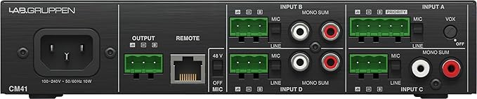 Lab Gruppen CM41 Commercial Mixer, 4 Inputs and 1 Output, 4 Mic/line Inputs with Individual Volume Controls, Configurable Priority Muting Function, Front Panel Power Control Button, Aux Output