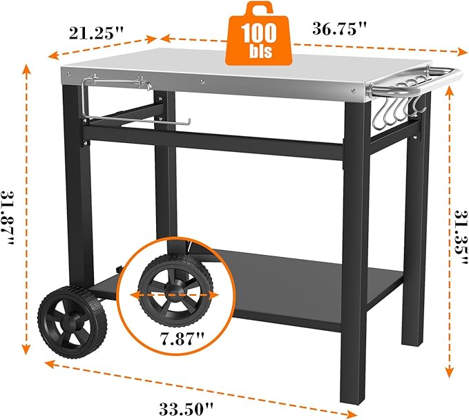 Grill Table, Movable Dining Cart, Pizza Oven Table Stand, Double-Shelf Grill Stand, Food Prep and Work Cart with Wheels, Hooks, Fits for Blackstone Ninja