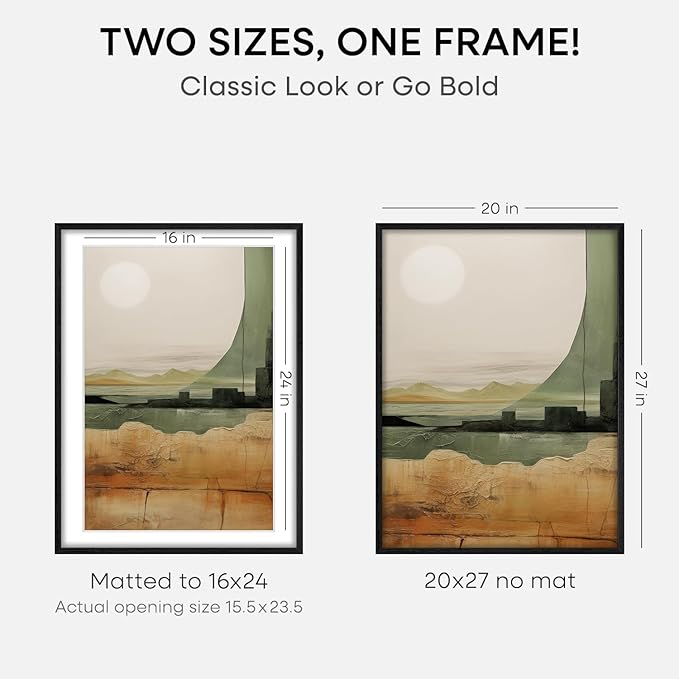 Homeforia 20x27 Picture Frame Black Wood, High End Oak 20x27 Poster Frames with Mat 16x24 Photo, 20 x 27 Wooden Frame Matted to 16 by 24 Print, 27x20 Hanging Frames, Tempered Glass, Wall Kit, Set of 1