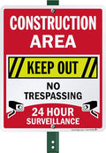 SmartSign 12" x 10" 'Construction Area Keep Out, No Trespassing, 24 Hour Surveillance' Yard Sign with 3 foot Stake, 40 mil Aluminum 3M Laminated Engineer Grade Reflective, Set of 1, USA-Made