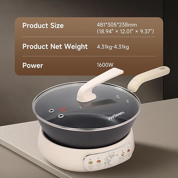 Joydeem 5Qt Electric Skillet, Pure Iron Nonstick Frying Pan with Glass Lid & Steamer Rack, 1600W 3-Level Heat Control, Removable Pot, Family-Sized Cooker for Boil Steam Sauté, 11.81inch