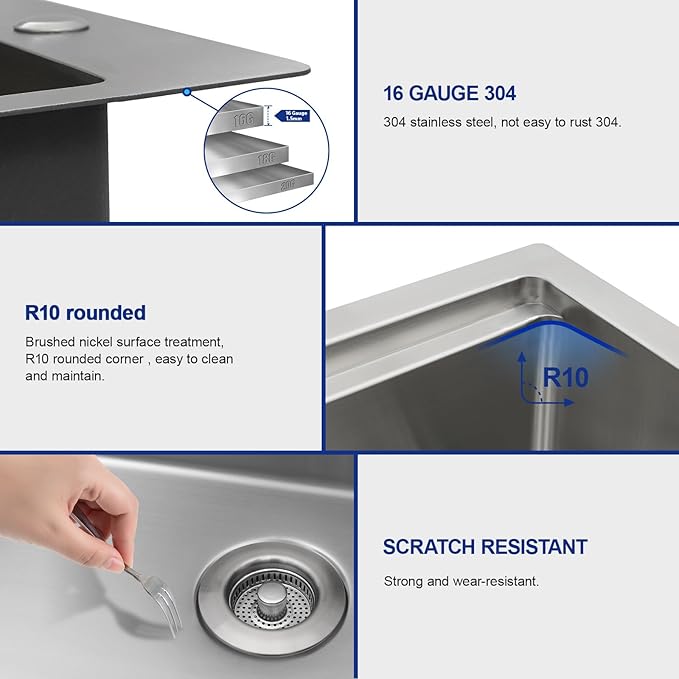 Dcolora 33x22 Workstation Kitchen Sink with Cup Washer, Drop In Luxury Large Single Bowl, 304 Stainless Steel Heavy Duty 16 Gauge, 5 In 1 Valued Accessories #DC-TW258006S