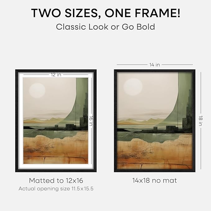 Homeforia 14x18 Picture Frame Black Wood, High End Oak 14x18 Poster Frames with Mat 12x16 Photo, 14 x 18 Wooden Frame Matted to 12 by 16 Print, 18x14 Hanging Frames, Tempered Glass, Wall Kit, Set of 2