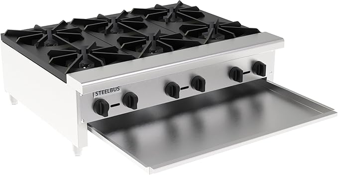 6 Burner Commercial Stock Pot Range, Heavy Duty Countertop Gas Stove, 168000 BTU, Stainless Steel Body with Cast Iron Burners, Natural Gas/Propane, 3/4" NPT