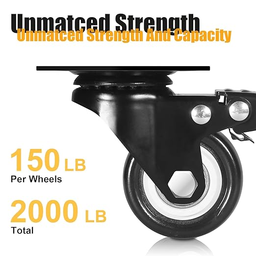 QNCZ Caster Wheels, 2" Caster Set of 4, Heavy Duty Casters and Silent Polyurethane Wheels, Swivel Plate Castor Wheels for Cart, Black, 4 Pack