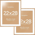 Homeforia Wooden Poster Frame 22x28, High End Natural Oak 22 x 28 Picture Frame with Mat 18 by 24, 22x28 Light Wood Frame Matted to 18x24 Photo, 28by22 Large Frames, Tempered Glass, Wall Kit, Set of 2
