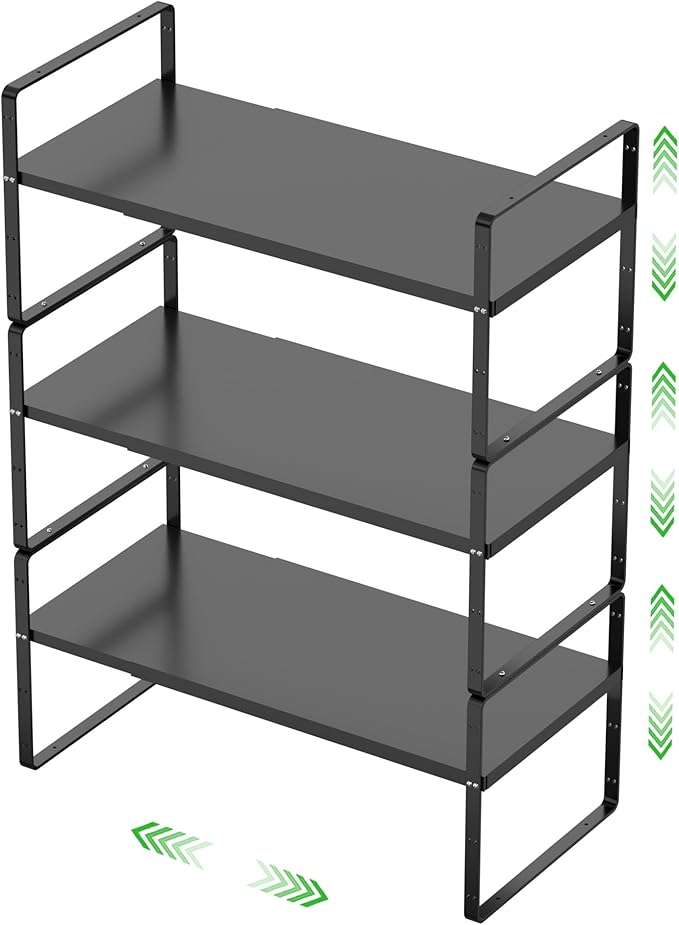 Expandable Cabinet Storage Shelf Stackable Organizer Rack for Kitchen Bathroom Pantry Spice Cupboard Countertop Home Office Desk Heavy Duty Nonslip Black Large 3 PACK