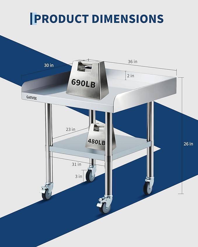 Garvee Stainless Steel Work Table, 30x36x26 Inch Commercial Food Prep Worktable with Wheels, Fixed 3-Sided Backsplash & Height-Adjustable Shelf, Heavy Duty Workbench for Kitchen Restaurant Garage