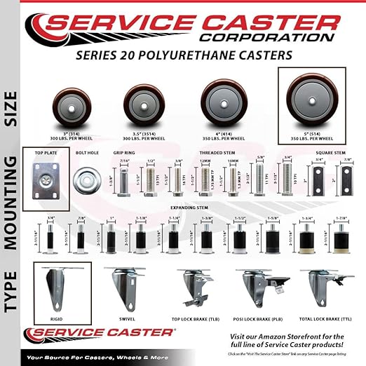 Service Caster Brand Replacement Caster for Uline Caster H-5540R-Rigid Top Plate Caster with 5 Inch Maroon Polyurethane Wheel-Light Duty Replacement Caster-Fits Cart, Dollies and Poly Box Truck H-3840