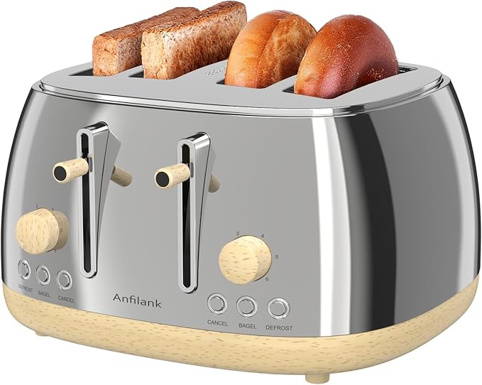 Toaster 4 Slice,Retro Stainless Steel Toaster with Extra Wide Slots, Dual Independent Control Panel, Cancel, Bagel, Defrost Function, Removable Crumb Tray (Silver)