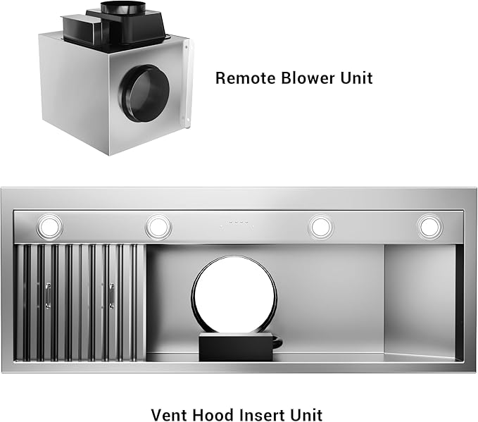 48-inch Range Hood Insert with Inline Remote Blower, CT Copper Tailor 1260CFM Kitchen Vent Hood, 4-Speed Exhaust Fan, 4 LED Lights, 8" Round Ducted,Baffle Filters, in Stainless Steel
