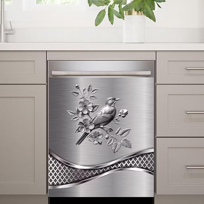 Stainless Steel Design Bird Pattern Kitchen Decorative Dishwasher Cover Magnet Sticker,Fridge Panel Door,Refrigerator Decal Home Decor 23x26inch
