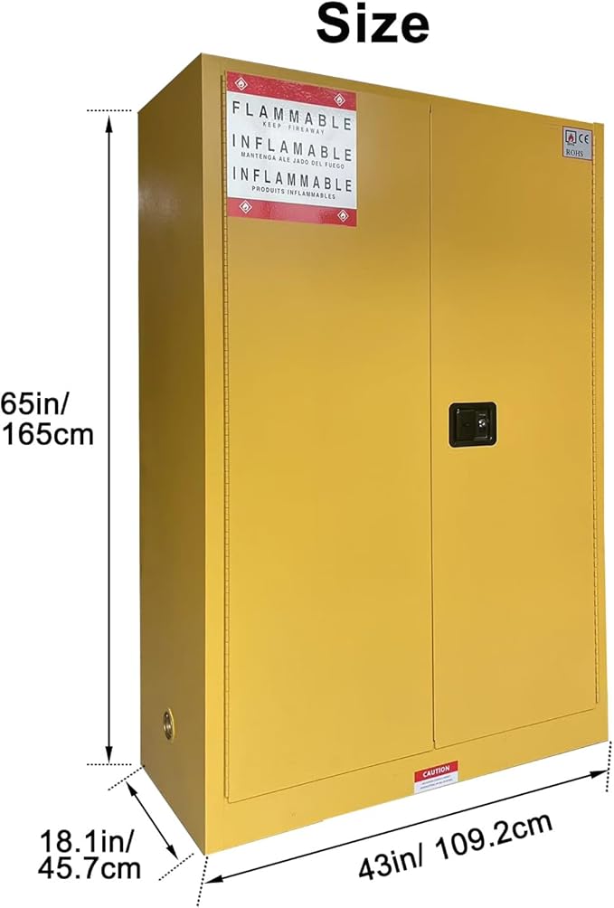 43" x 18" x 65" Steel Flammable Liquid Cabinet, Industry Safety Storage, 45 Gal Flammable Safety Cabinets with 2 Adjustable Shelves 2 Manual Doors for Industrial Use, Yellow,Cold Rolled Steel