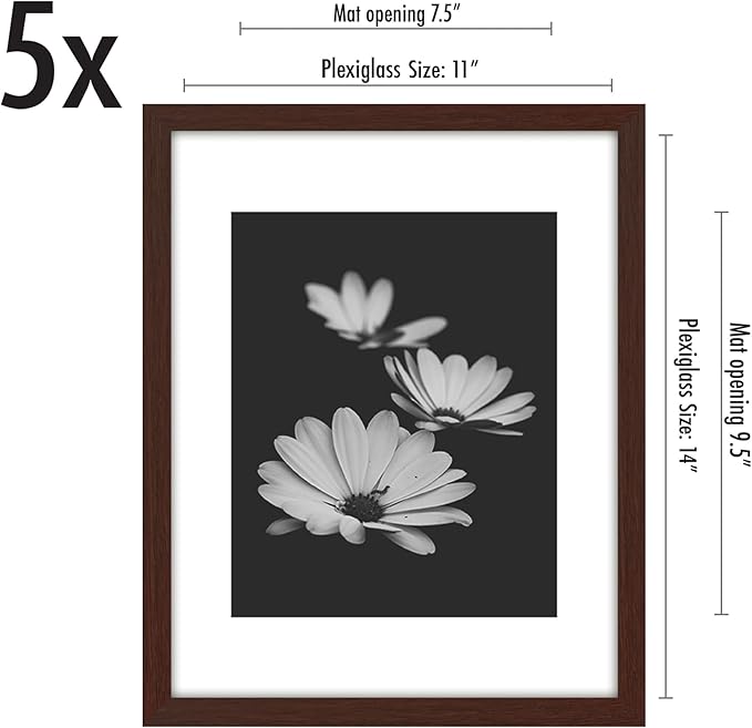 Americanflat 11x14 Picture Frame with Polished Plexiglass - Set of 5 - Use as 8x10 Frame with Mat or Display 11x14 Photo Without Mat - Galleria Collection - Picture Frames for Wall Display - Mahogany