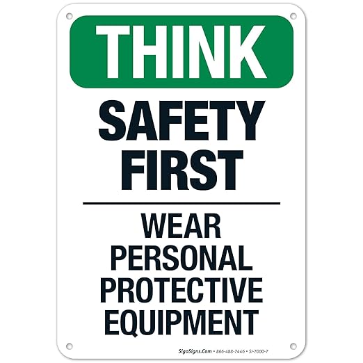 Think Safety First Wear Personal Protective Equipment Sign, 10x7 Inches, Rust Free .040 Aluminum, Fade Resistant, Made in USA
