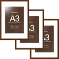 Homeforia A3 Picture Frame Brown Wood, High-End Dark Oak 11.7 x 16.5 Poster Walnut Frames Matted to 8.3 by 11.7 inch Photo, A3 Size Wooden Frame with Mat for A4 Art, Tempered Glass, Wall Kit, Set of 3