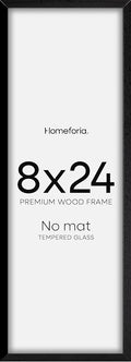 Homeforia 8x24 Black Wood Frame, High End Oak 8 x 24 Panoramic Display Frames without Mat, Wooden 24x8 Thin Hanging Picture Frame for Wall, 8by24 Black Poster Frame, Tempered Glass, Wall Kit, Set of 1