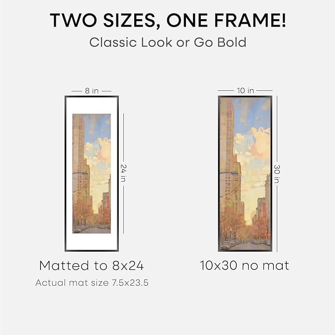 Homeforia 10x30 Picture Frame Black, High End Metal 10x30 Poster Frames with Mat 8x24 for Photo, 10 x 30 Black Frame Matted to 8 by 24 Print, 30x10 Panoramic Frames, Tempered Glass, Wall Kit, Set of 3