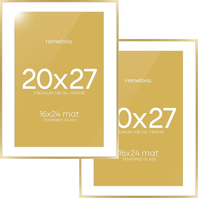 Homeforia 20x27 Picture Frame Gold, High End Metal 20x27 Poster Frames with Mat 16x24 Photo, 20 x 27 Gold Frame Matted to 16 by 24 Print, 27by20 Thin Hanging Frames, Tempered Glass, Wall Kit, Set of 2