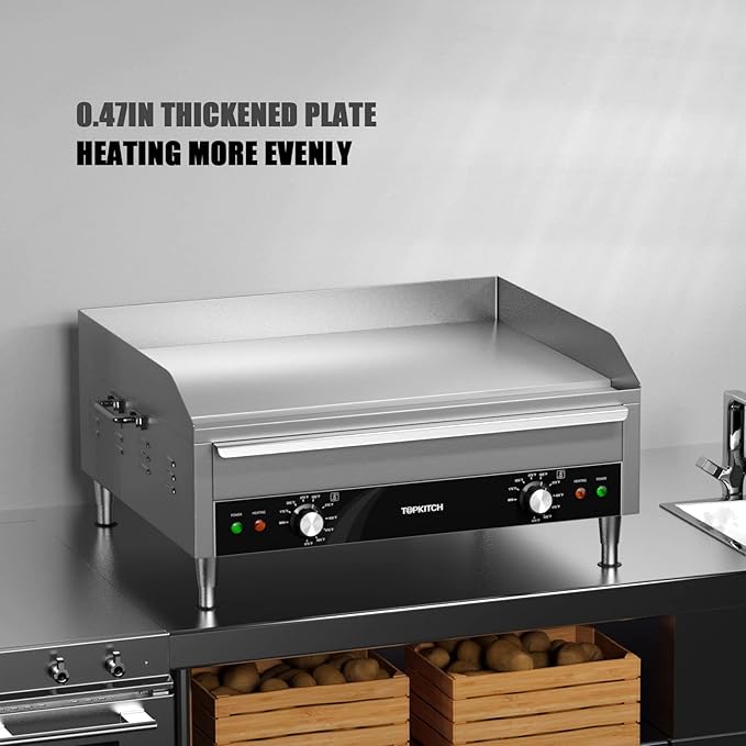 Commercial Electric Griddle, 24 Inches 3500W 240V Electric Countertop Griddle Heavy Duty Flat Top Grill Restaurant Electric Griddle Grill, Adjustable Temperature Control 122°F-572°F, 6-15P Plug