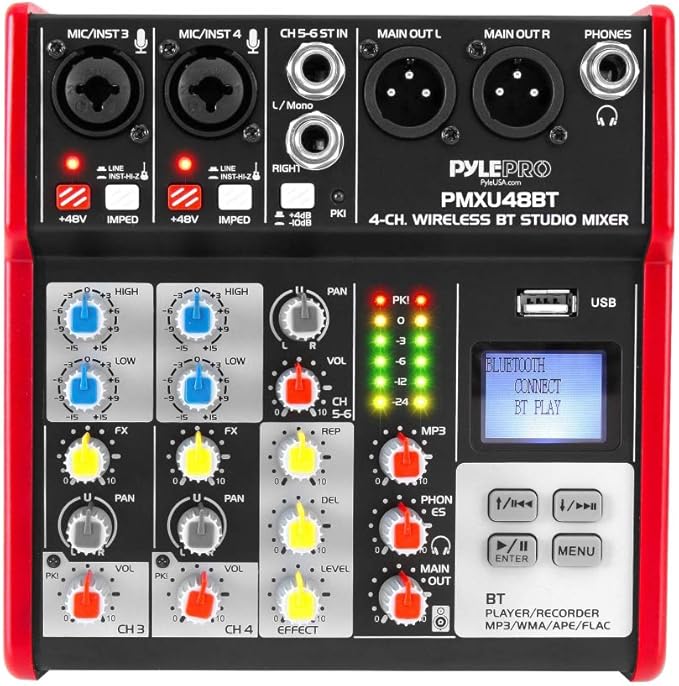 PYLE Studio Audio Sound Mixer Board - 4 Channel Bluetooth Compatible Professional Portable Digital DJ Mixing Console with USB Mixer Audio Interface - Mixing Boards For Studio Recording - PMXU48BT