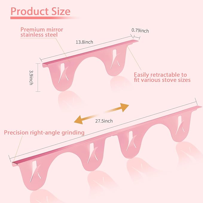 Stainless Steel Stove Gap Covers in Pink– 2 Pack Adjustable 13.8” to 27.5” Retractable Stove Gap Filler, Heat Resistant Guard for Range Top & Counter Gaps, Easy to Clean and Maintain