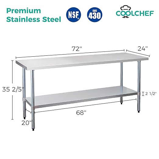 COOLCHEF Stainless Steel Work Table 24 x 72 Inch, NSF Commercial Prep Table with Undershelf, Heavy Duty Food Prep Workstation
