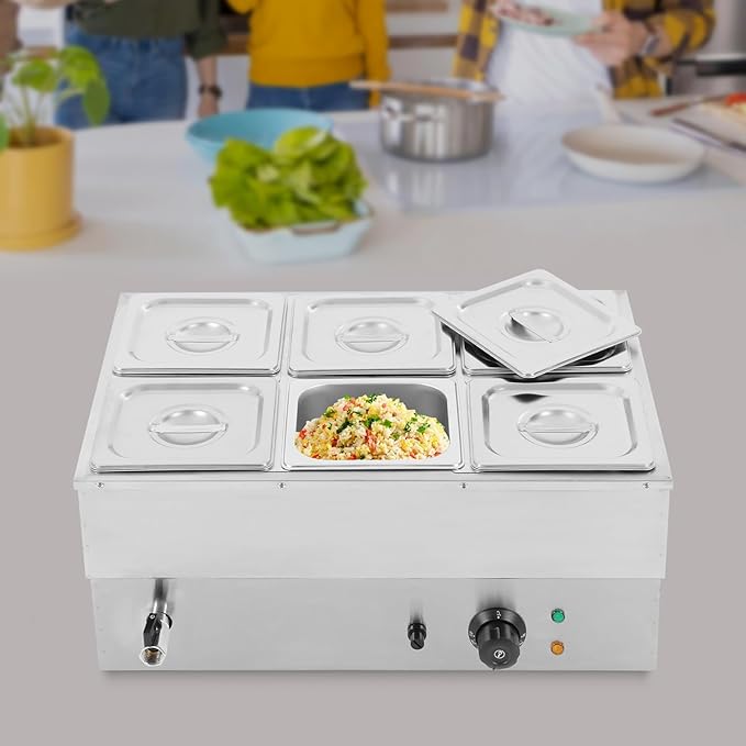 6 Pan Commercial Food Warmer,110V 1500W Electric Stainless Steel Steam Food Warmer with Lid,Electric Bain Marie Countertop with Temperature Control for Catering,Restaurant,Party (6-Pan)