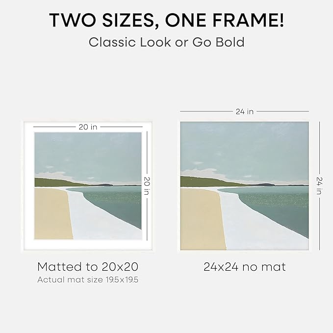 Homeforia 24x24 White Picture Frame, High End Oak 24 x 24 Square Wood Frames with Mat 20 by 20 inches Photo, 24by24 White Wooden Poster Frames Matted to 20x20 Print, Tempered Glass, Wall Kit, Set of 3