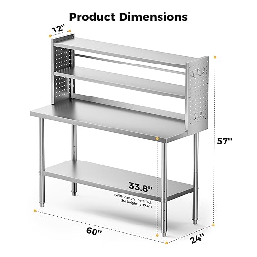 60x24 in NSF All Stainless Steel Table with Adjustable Shelf & Pegboard Panels & Casters, Kitchen Prep Table Commercial Heavy-Duty Worktable with Large Space Storage for Restaurant Garages
