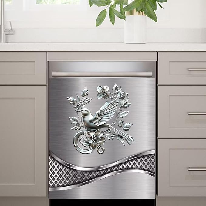 Stainless Steel Design Bird Painting Dishwasher Cover Magnetic Sticker Refrigerator Door Panel Cover Fridge Appliance Magnet Decal Sheet 23x17 inch