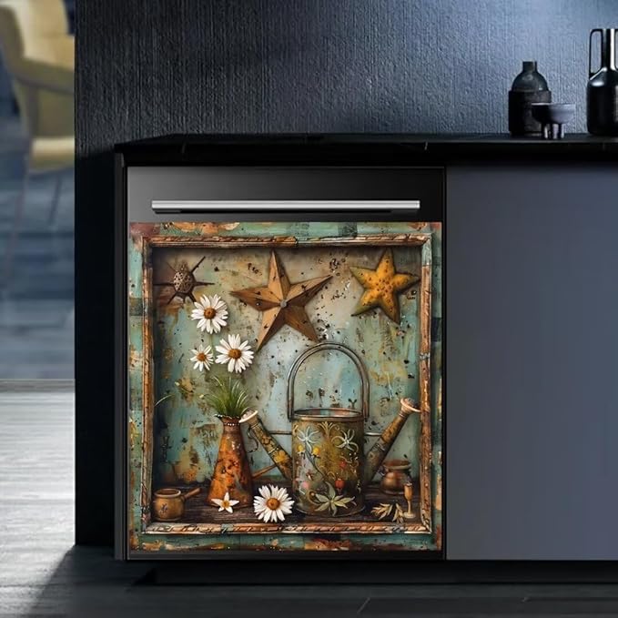 Rustic Farm Daisy Vase Flower Dishwasher Magnet Cover,23" x 26" Dishwasher Cover,Retro Barn Star Primitive Magnetic Decal Vinyl Sticker Kitchen Decor Refrigerator Magnets Self Adhesive Wrap
