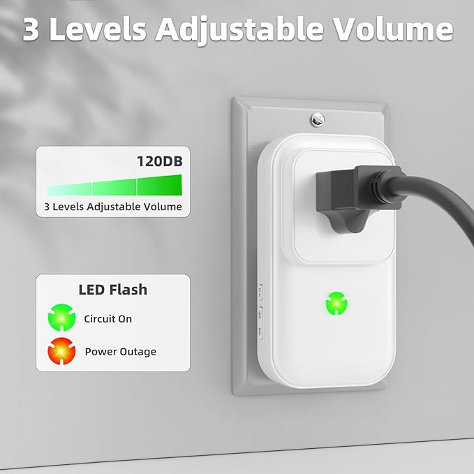 Power Failure Alarm, Upgrade 120dB Power Outage Alarm for Freezer, Power Outage Monitor with LED Indicator & Extender Socket, GFCI Circuit Failed Detector for Home, Garage, Basement
