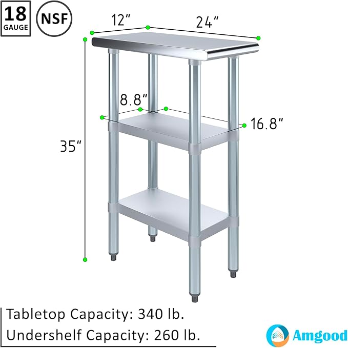 AmGood Stainless Steel Work Table with 2 Shelves | NSF | Metal Utility Table (12" Long x 24" Deep)