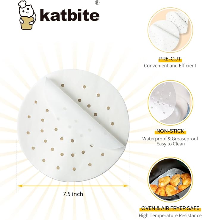 Katbite Air Fryer Parchment Paper Liners 120Pcs, 7.5 inch Perforated Parchment Paper, Heavy Duty & Non-stick Round Parchment Paper for Air Fryer Basket, Bamboo Steamer, Metal Steamer