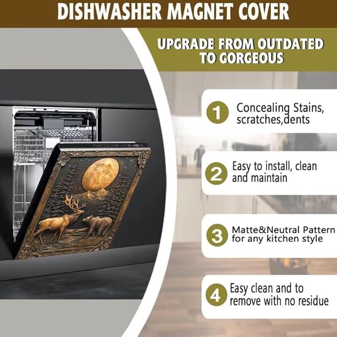 Elk Bear Moon Forest Scene Magnetic Dishwasher Cover Vinyl Sticker, Bronze Black Dishwasher Magnet Cover, Rustic Fridge Barn Door Cover Magnets Art Skin Panel Decal for Home Decor, 23"X26"