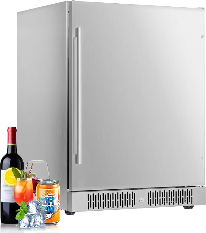 24 Inch Outdoor Beverage Refrigerator Cooler, Stainless Steel Beverage Fridge for 164 Cans, Built-in Counter or Freestanding 3-Color LED Light Beer and Drink Fridge for Bar Home Office
