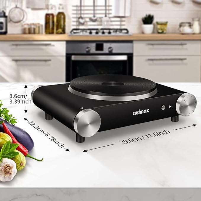CUSIMAX Electric Hot Plate for Cooking Portable Single Burner 1500W Cast Iron hot plates Heat-up in Seconds Adjustable Temperature Control Stainless Steel Non-Slip Rubber Feet Upgraded Version B101