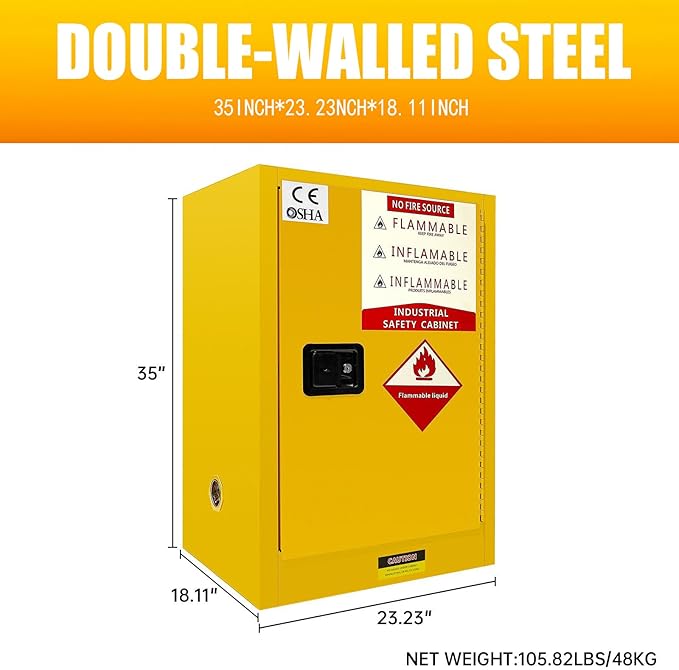 40 Gallon Professional Flammable Cabinet, 23" x 18" x 36" Yellow All-Welded Steel Chemical Safety Cabinet, Manual Doors & Adjustable Shelf for Industrial Workshops, Lab & Auto Shop