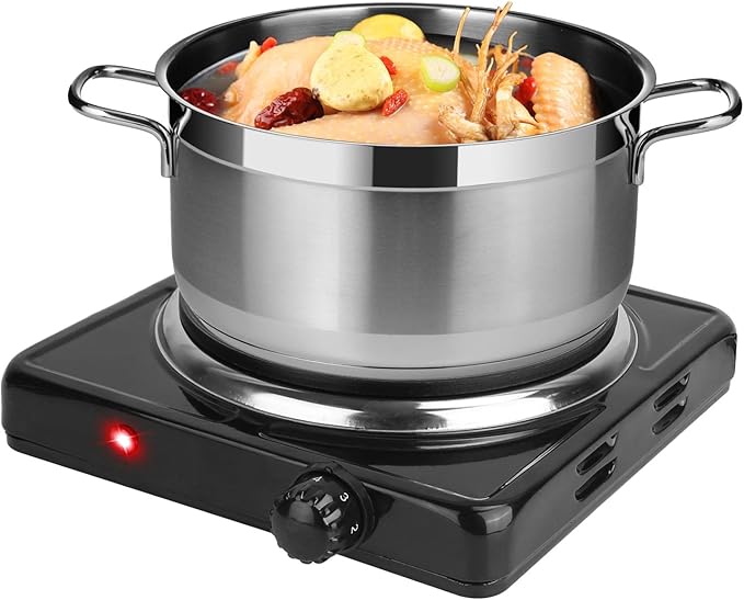 Portable Hot Plate, 1500W Cast Iron Single Countertop Burner, Electric Stove with 5 Levels Adjustable Temperature, Cooktop for Home RV Camping, Easy to Clean, Black