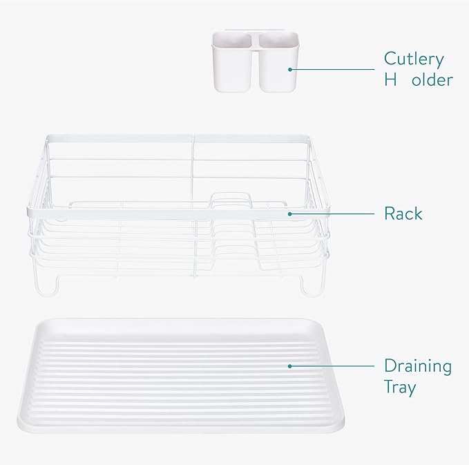 Navaris Dish Drainer Rack - Plate, Cutlery, Pots and Pans Drying Rack for Kitchen - Modern Retro Design Drip Tray with Metal Rack - White