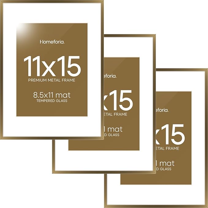 Homeforia 11x15 Bronze Picture Frame, High End Metal 11x15 Brass Frames with Mat 8.5x11, 11 x 15 Poster Frames Matted to 8.5 x 11 inch Photo, 11 by 15 Bronze Frames, Tempered Glass, Wall Kit, Set of 3