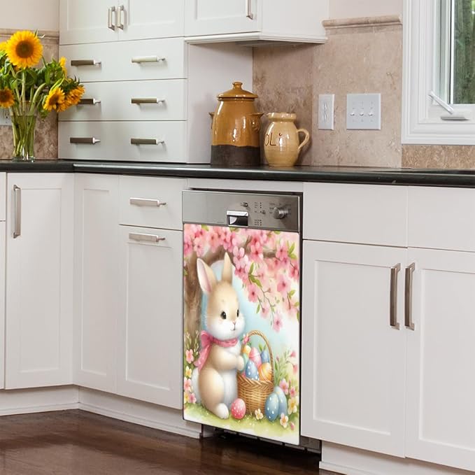 Cute Easter Bunny Flower Eggs Dishwasher Magnet Cover, Reusable Refrigerator Panel Stickers Microwave Front Door Covers Magnets for Kitchen Home Appliances Holiday Party Decorations 23 X 26 in