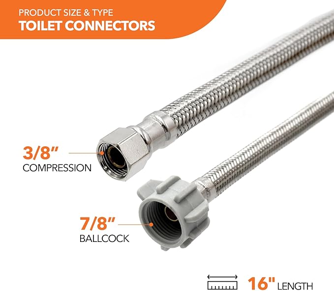 Stainless Steel Braided Water Connectors with Reinforced PVC Inner Hose for Toilets, 3/8" Compression x 7/8" Ballcock, 16" Length (5Pack)