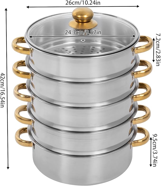 Steamer 26*42cm/10.24*16.54in, 5-tier Stainless Steel Steam Cooker w/ Clear Lid & Gold Anti-scald Handles, Home Stackable Multipurpose Steam Pot for All Hobs (1x1.32Gal Bottom Pan, 4xSteamer Baskets)